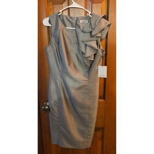Calvin Klein Grey Ruffle Shoulder Sheath Dress Metallic Sleeveless Size